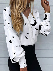 Star Moon Print Lace Long Sleeve Blouse