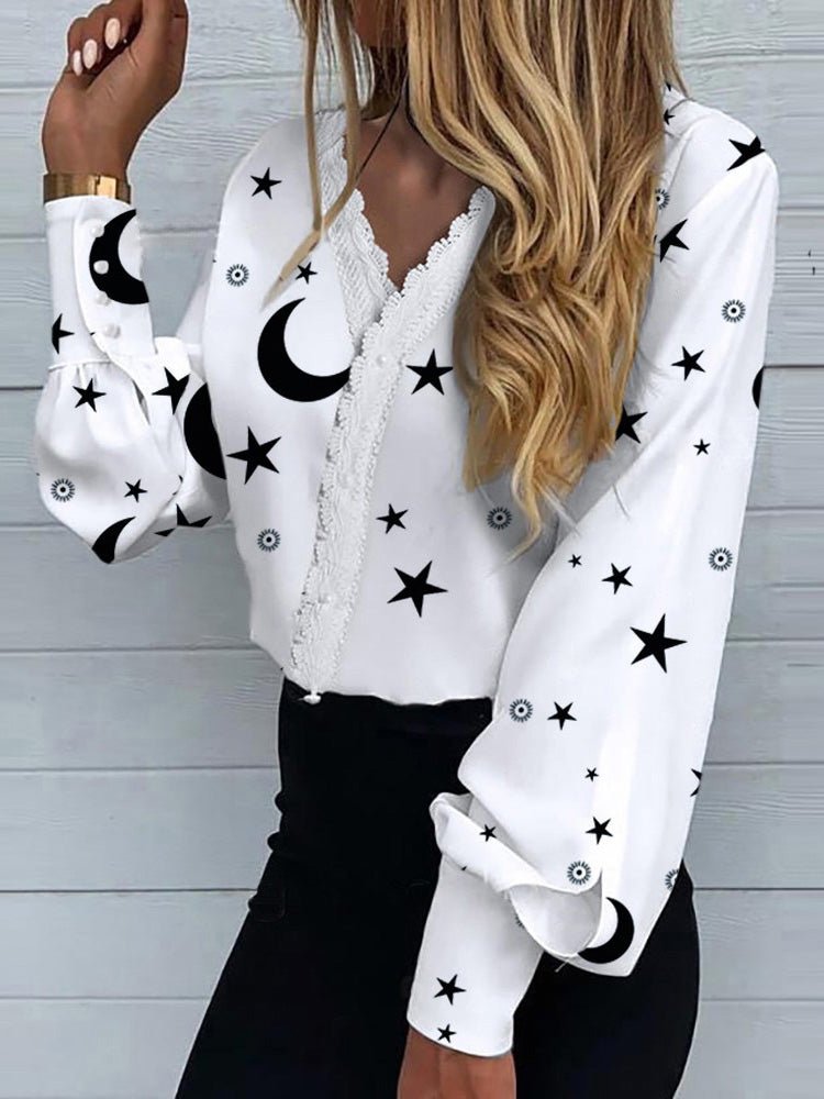 Star Moon Print Lace Long Sleeve Blouse