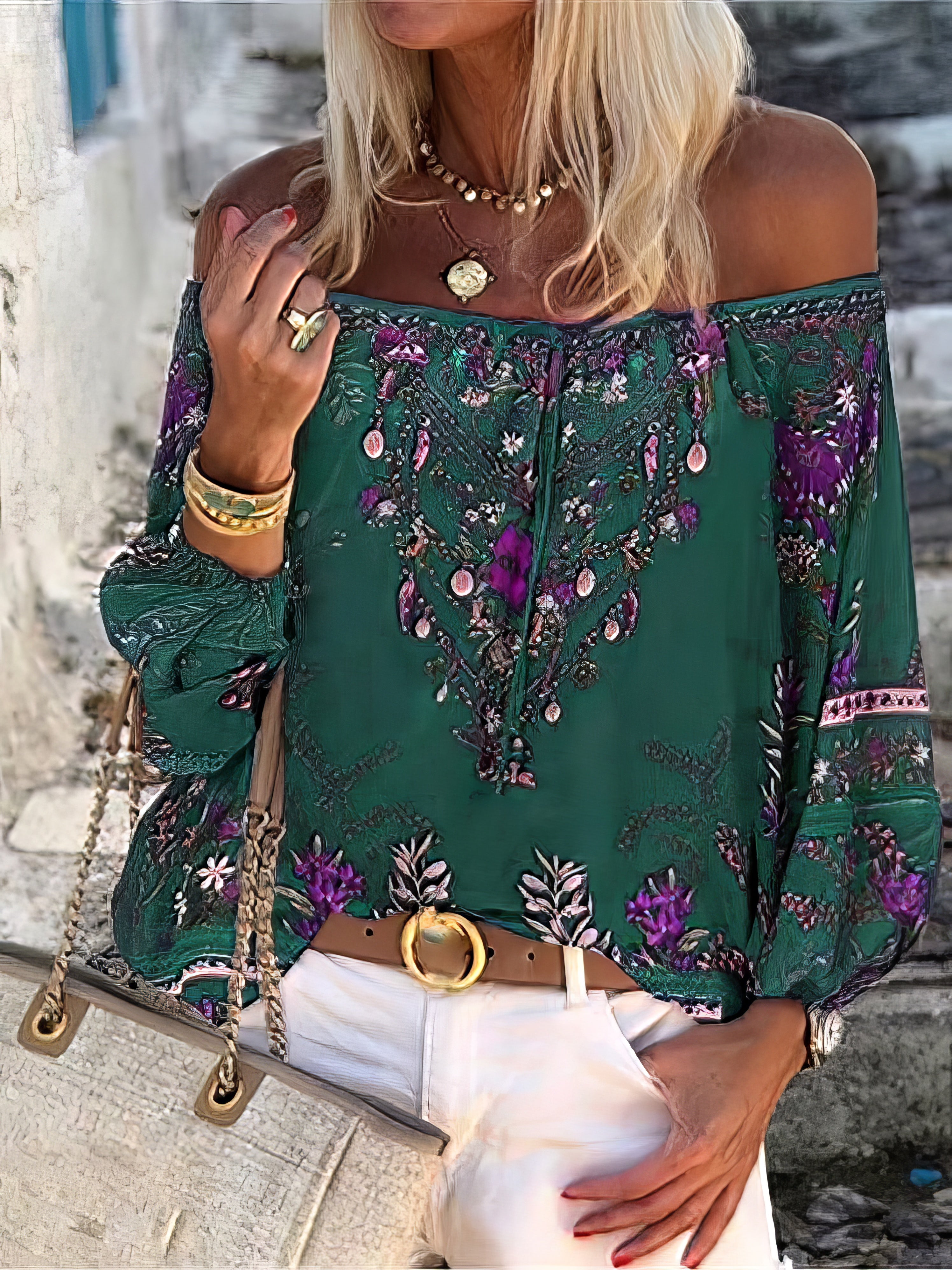 Women's Blouses Vintage Print Boat Neck Belted Long Sleeve Blouse