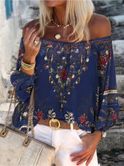 Women's Blouses Vintage Print Boat Neck Belted Long Sleeve Blouse