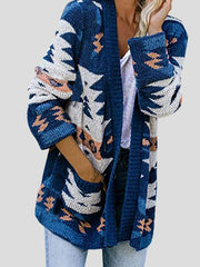 Printed Pocket Casual Long Sleeve Knitted Cardigan