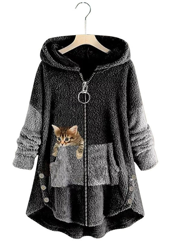 Cute Hooded Zipper Cat Printed Coat