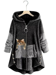 Cute Hooded Zipper Cat Printed Coat