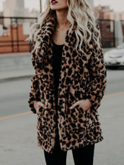 Lapel Leopard Print Faux Fur Long Sleeve Midi Coat