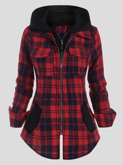 Plaid Pocket Zipper Long Sleeve Hooded Coats