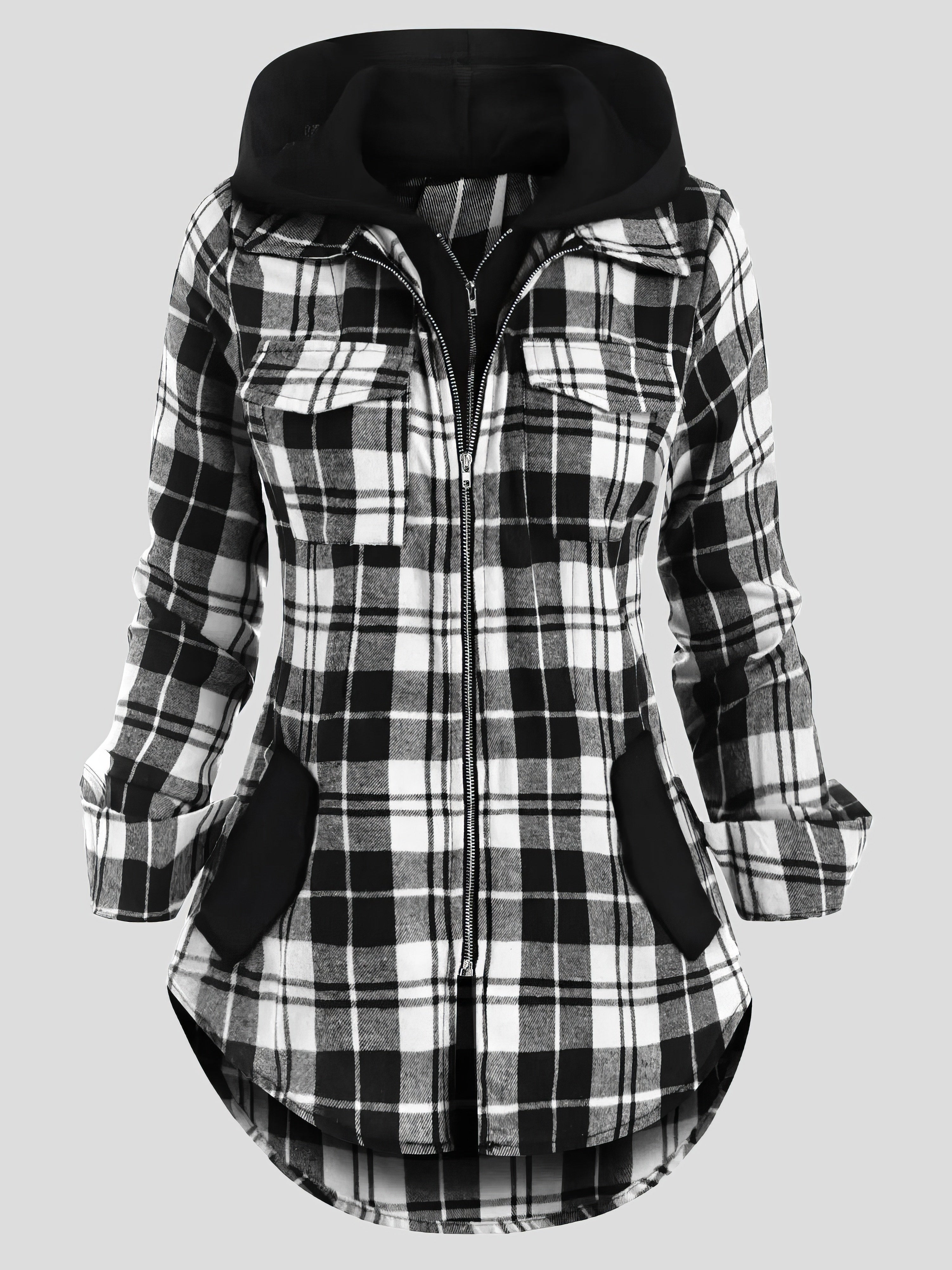 Plaid Pocket Zipper Long Sleeve Hooded Coats