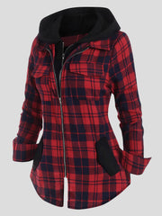 Plaid Pocket Zipper Long Sleeve Hooded Coats