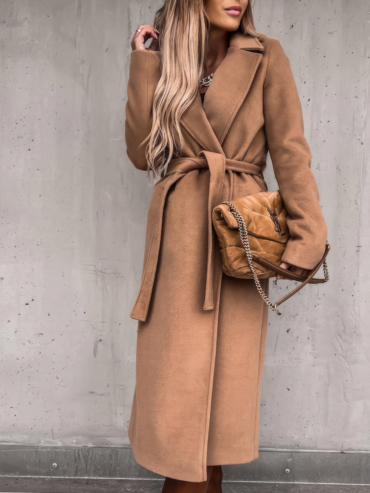 Simple Lapel Belted Long Sleeve Woolen Coat