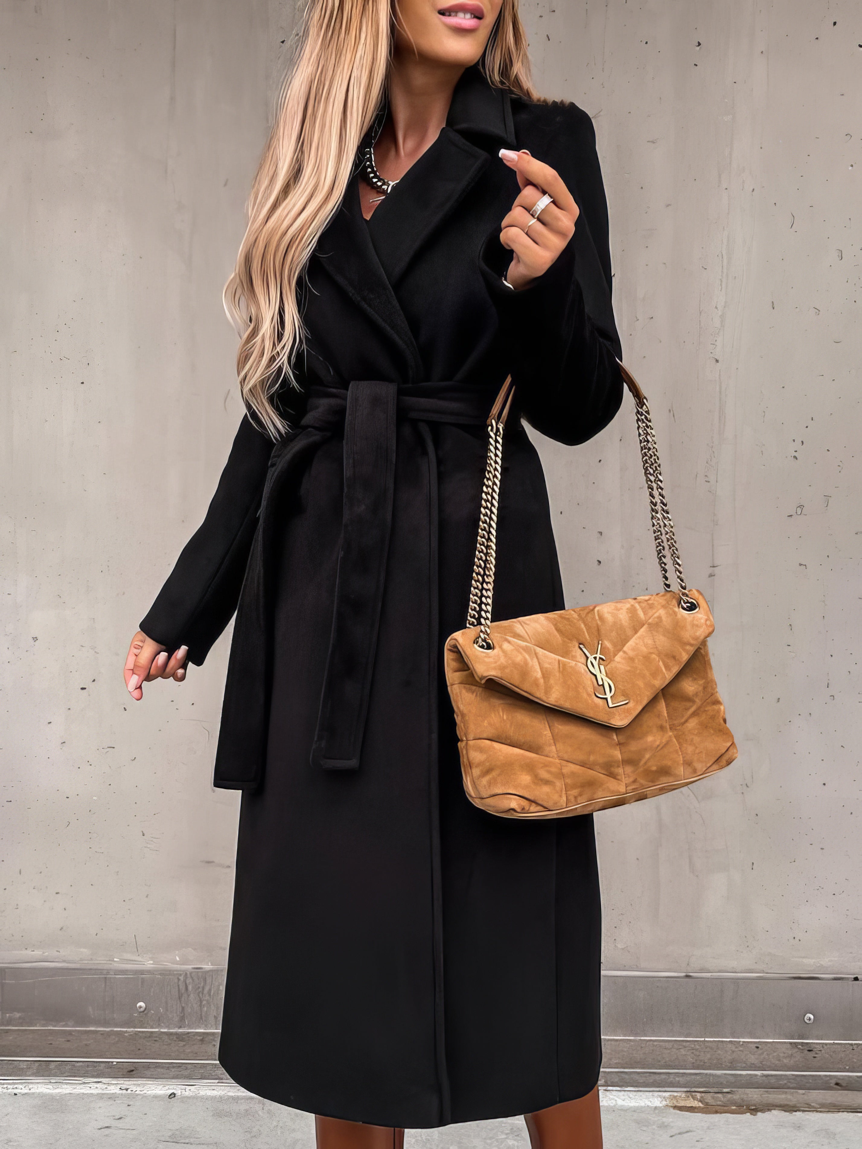 Simple Lapel Belted Long Sleeve Woolen Coat