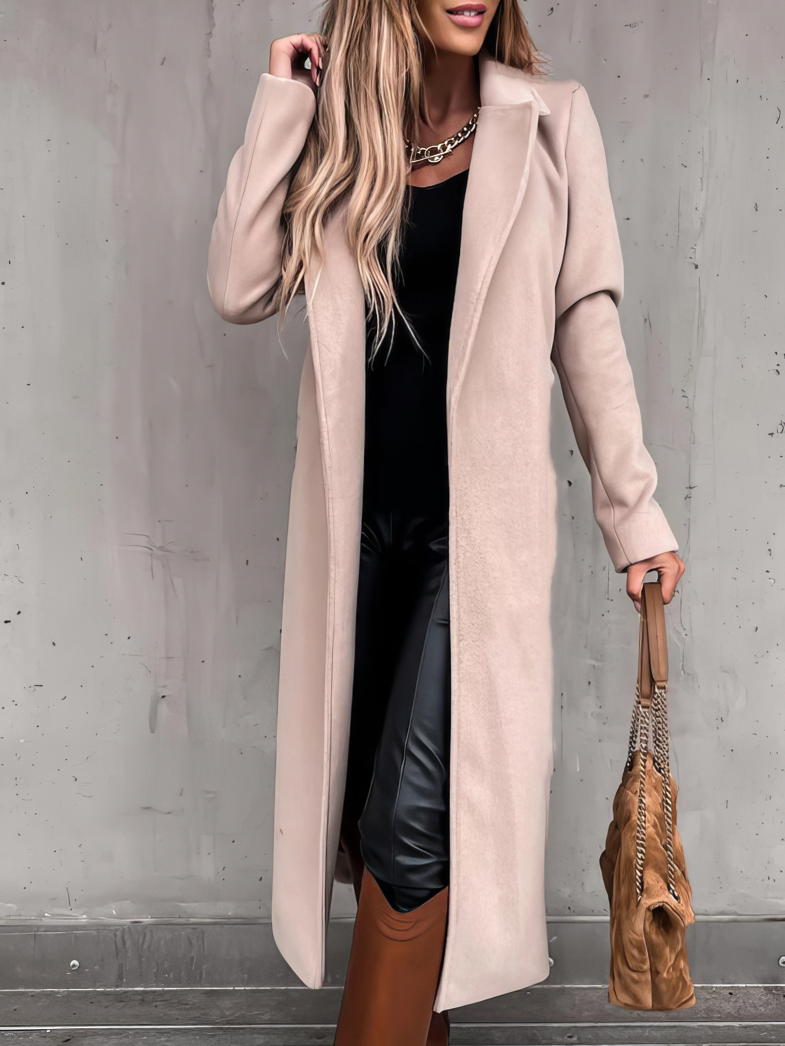 Simple Lapel Belted Long Sleeve Woolen Coat