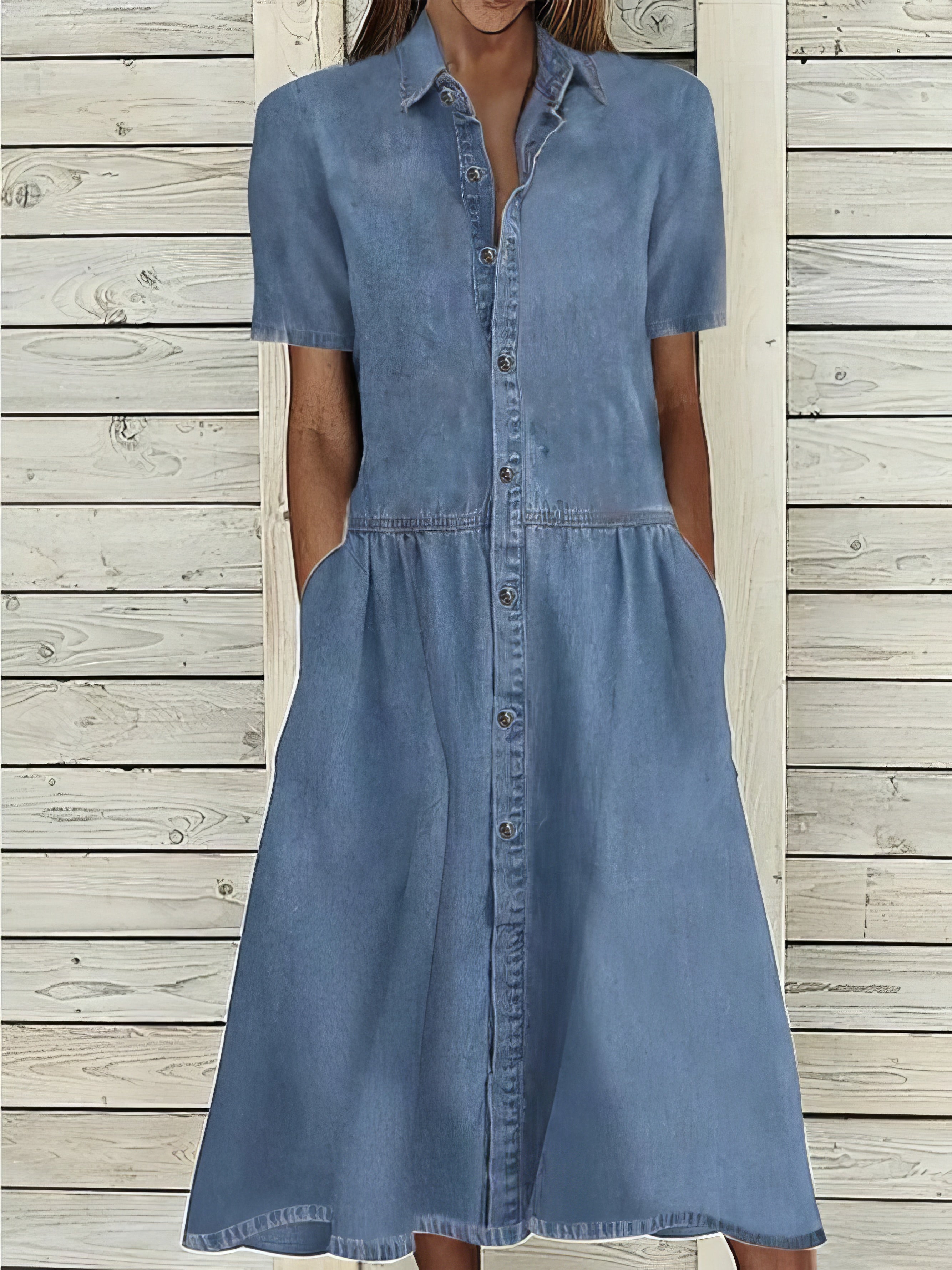 Casual Lapel Button Pocket Denim Dress - V-Neck - Drop Shoulder Casual Lapel Button Pocket Denim Dress - V-Neck - Drop Shoulder
