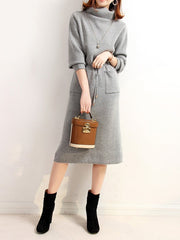 High Neck Elastic Waist Pocket Knit Dress