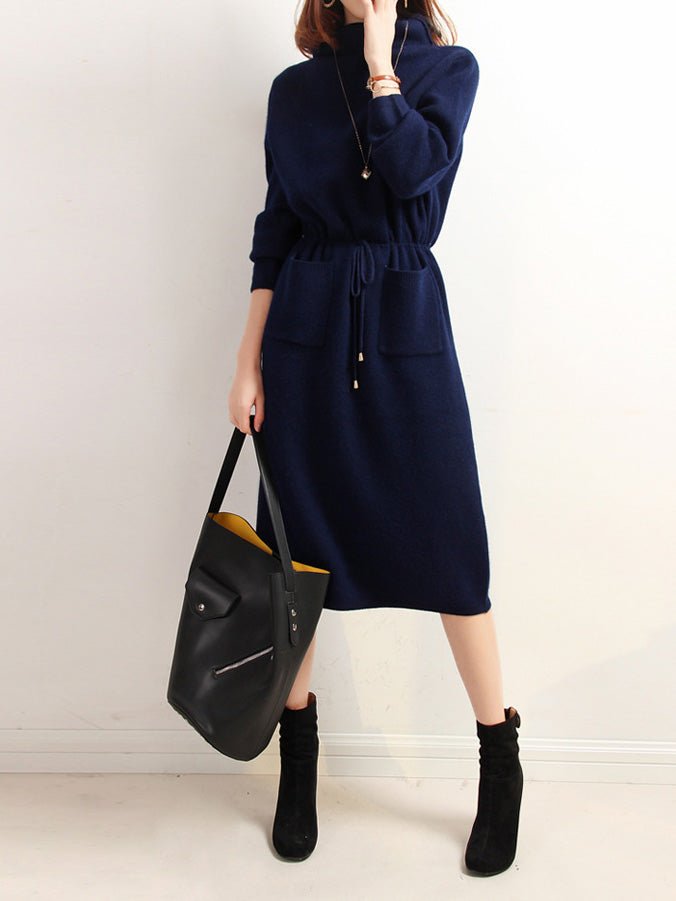 High Neck Elastic Waist Pocket Knit Dress