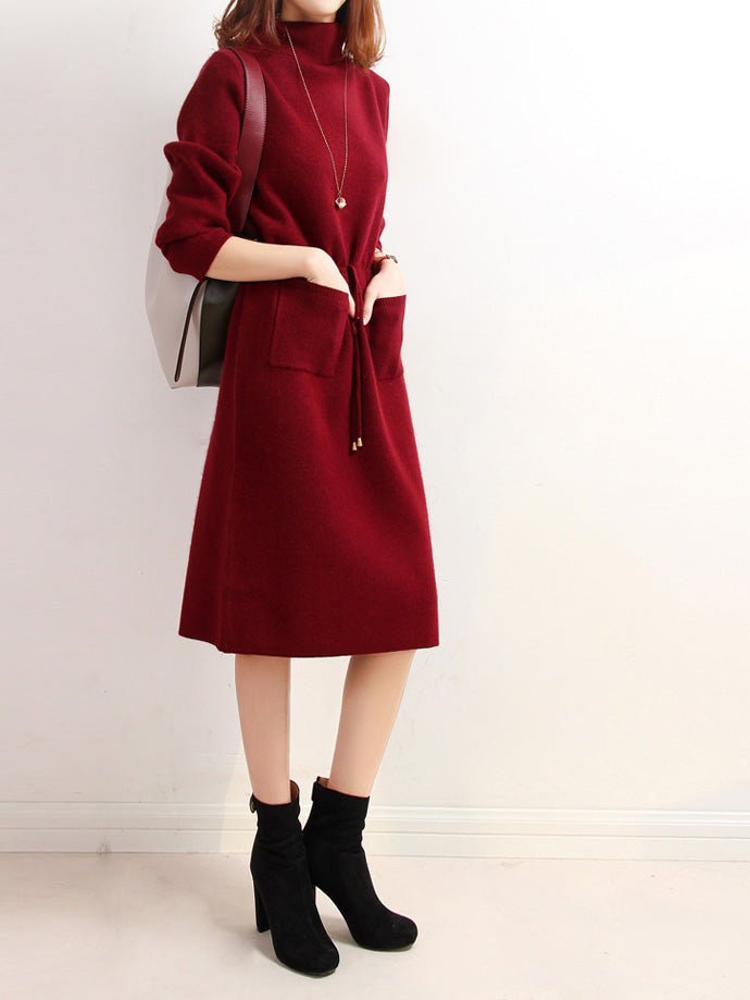 High Neck Elastic Waist Pocket Knit Dress