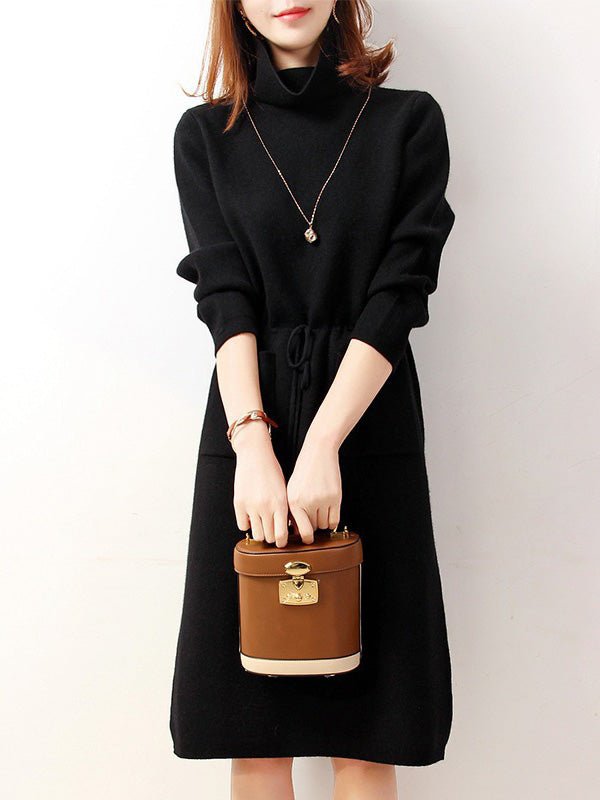 High Neck Elastic Waist Pocket Knit Dress