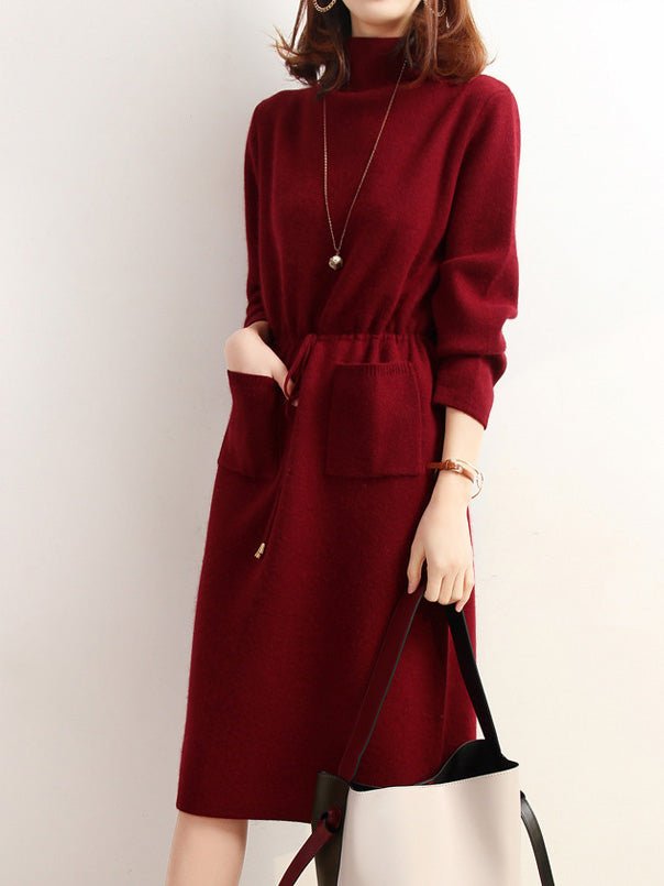 High Neck Elastic Waist Pocket Knit Dress