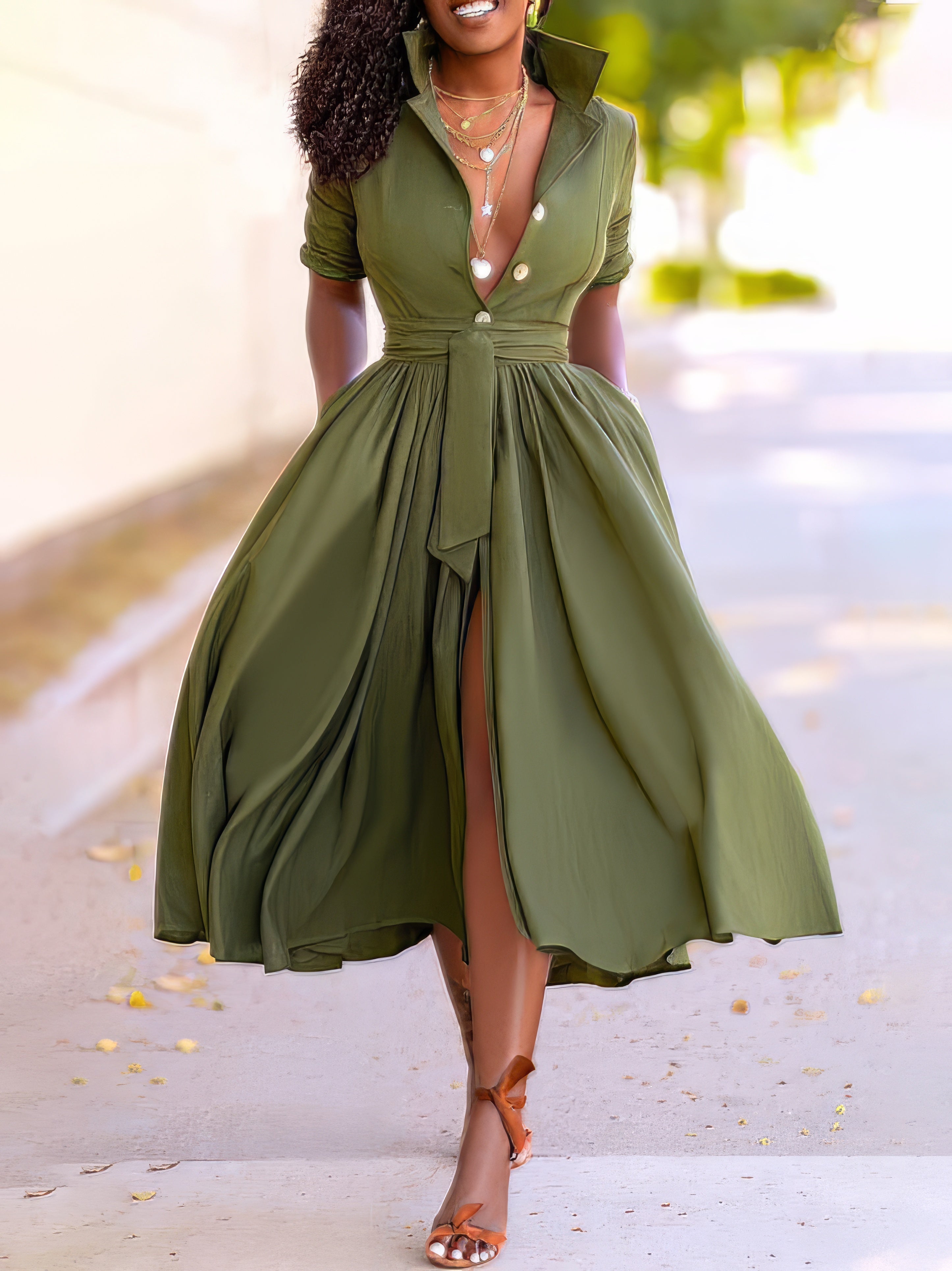 Lapel Button Belt Mid Sleeve Shirt Dress