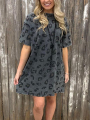 Loose Leopard Print Crew Neck Short Sleeve Dress