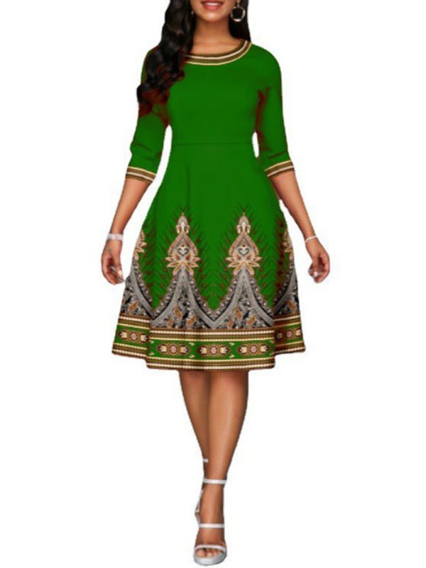 National Style Printed High Waist Mid Sleeve Midi Dress