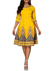 National Style Printed High Waist Mid Sleeve Midi Dress