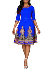 National Style Printed High Waist Mid Sleeve Midi Dress