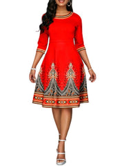 National Style Printed High Waist Mid Sleeve Midi Dress