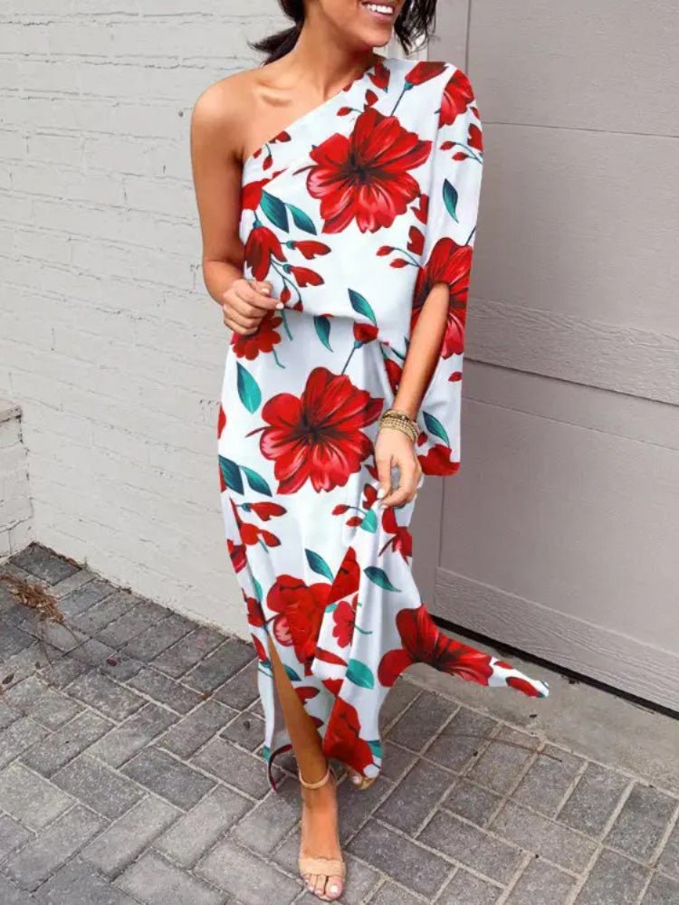 One Shoulder Slit Print Dress