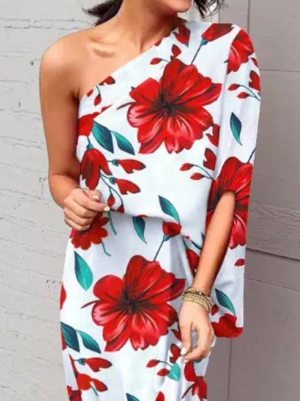 One Shoulder Slit Print Dress