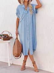 Pocket Short Sleeve Denim Slit Shirt Dress