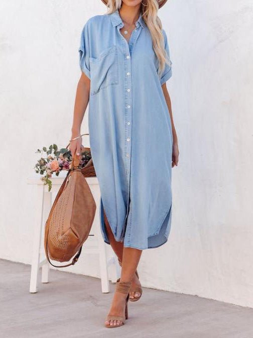 Pocket Short Sleeve Denim Slit Shirt Dress