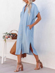 Pocket Short Sleeve Denim Slit Shirt Dress