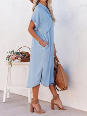 Pocket Short Sleeve Denim Slit Shirt Dress