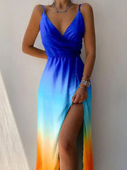 Printed Sling V-Neck Slit Dress