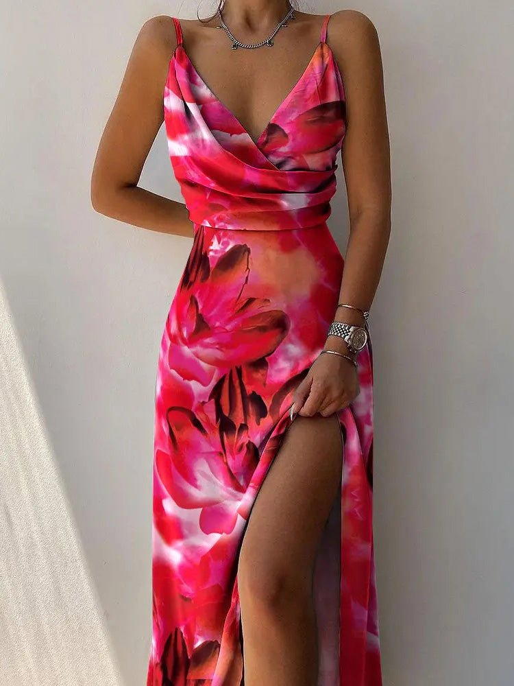 Printed Sling V-Neck Slit Dress