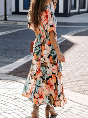 Printed V-Neck Elastic Waist Slit Dress