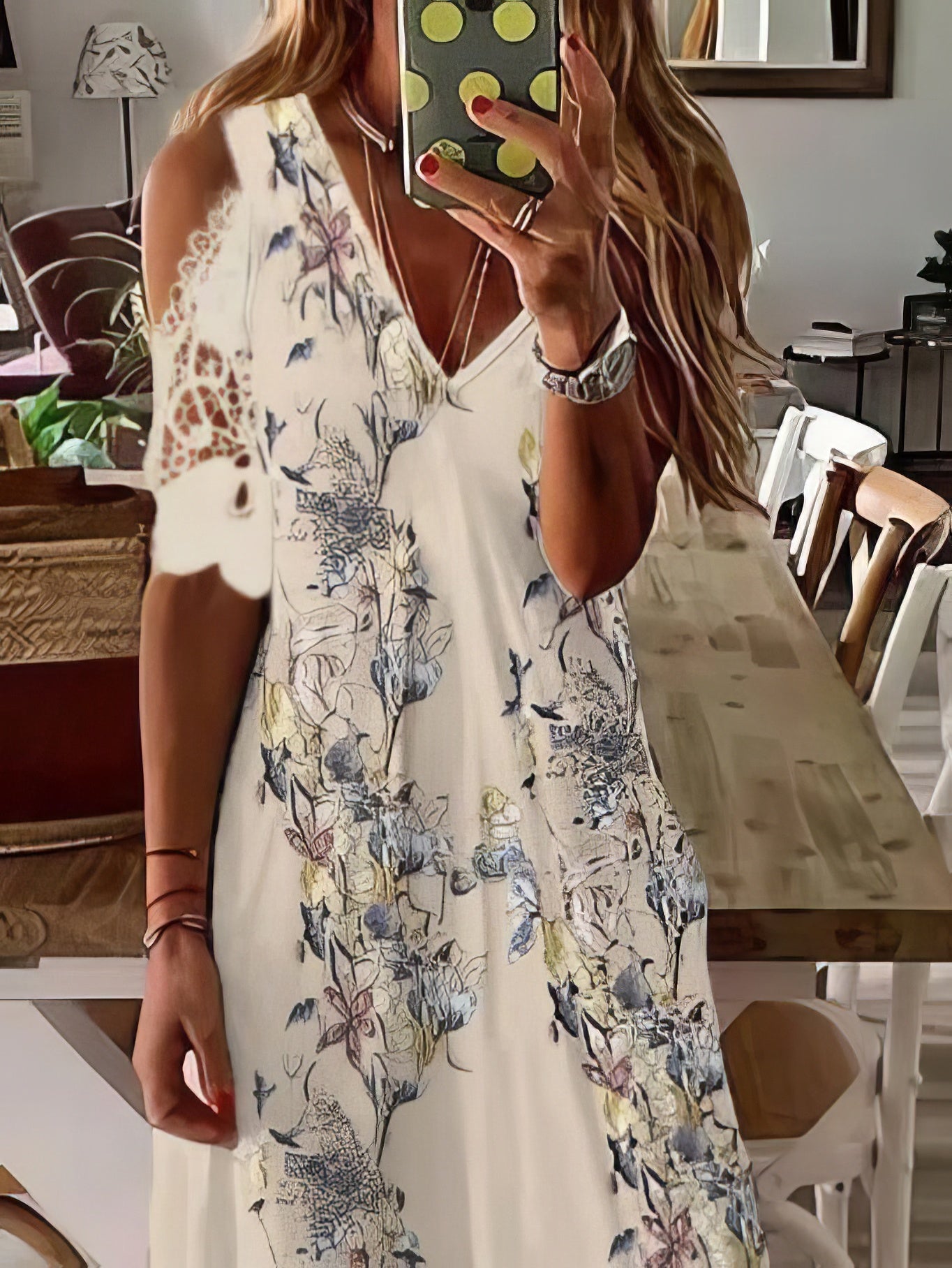 Printed V-Neck Off-Shoulder Short Sleeve Dress