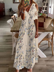 Printed V-Neck Off-Shoulder Short Sleeve Dress