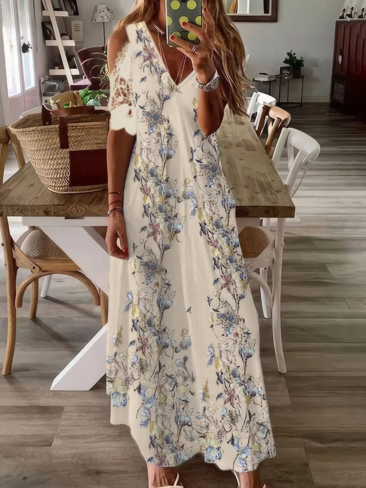 Printed V-Neck Off-Shoulder Short Sleeve Dress