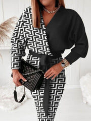 Printed V-Neck Tie Long Sleeve Dress