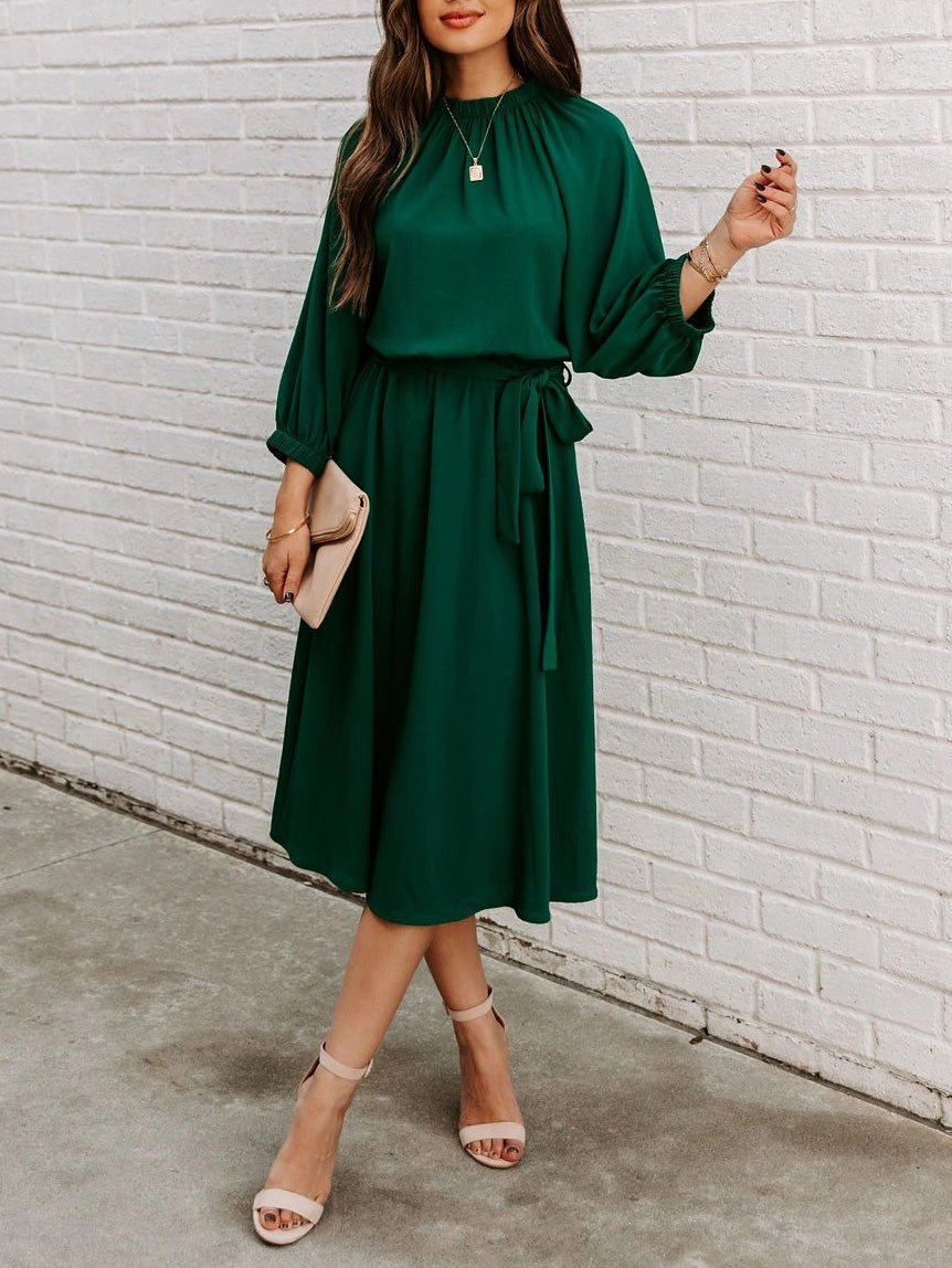 Round Neck Lace-Up Long Sleeve Dress