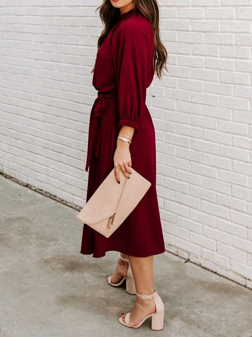 Round Neck Lace-Up Long Sleeve Dress