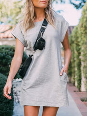 Round Neck Short Sleeve Pocket Casual Dress