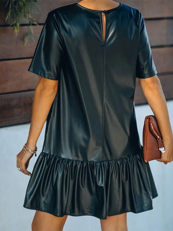 Ruffled Faux Leather Short Sleeve Mini Dress