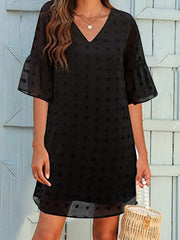 Solid Jacquard Dots Chiffon Short Sleeve Dress