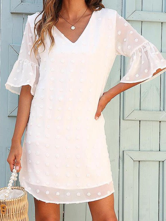 Solid Jacquard Dots Chiffon Short Sleeve Dress