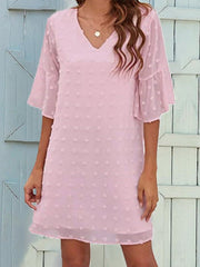 Solid Jacquard Dots Chiffon Short Sleeve Dress