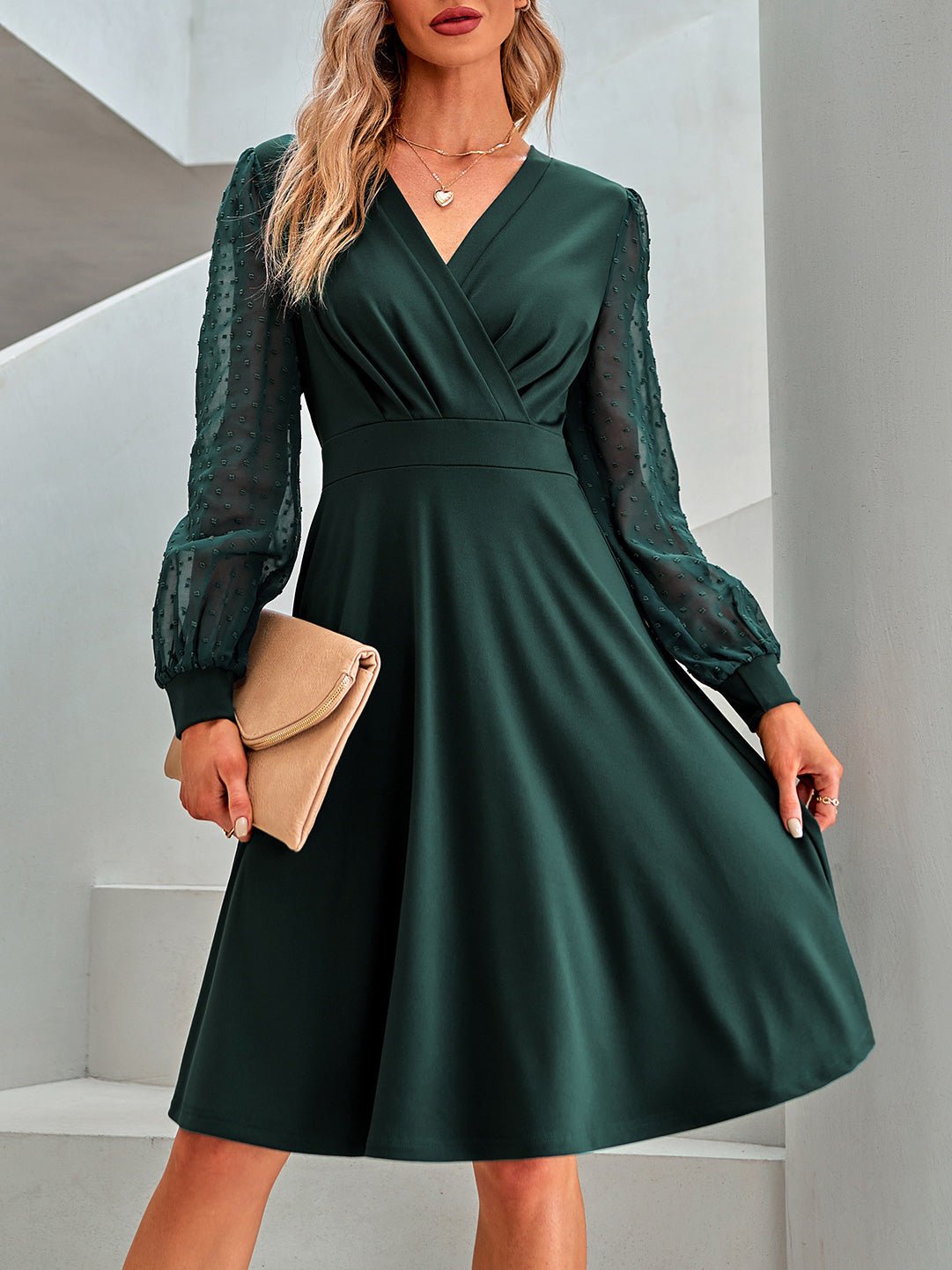 Solid V-Neck Jacquard Long Sleeve Dress