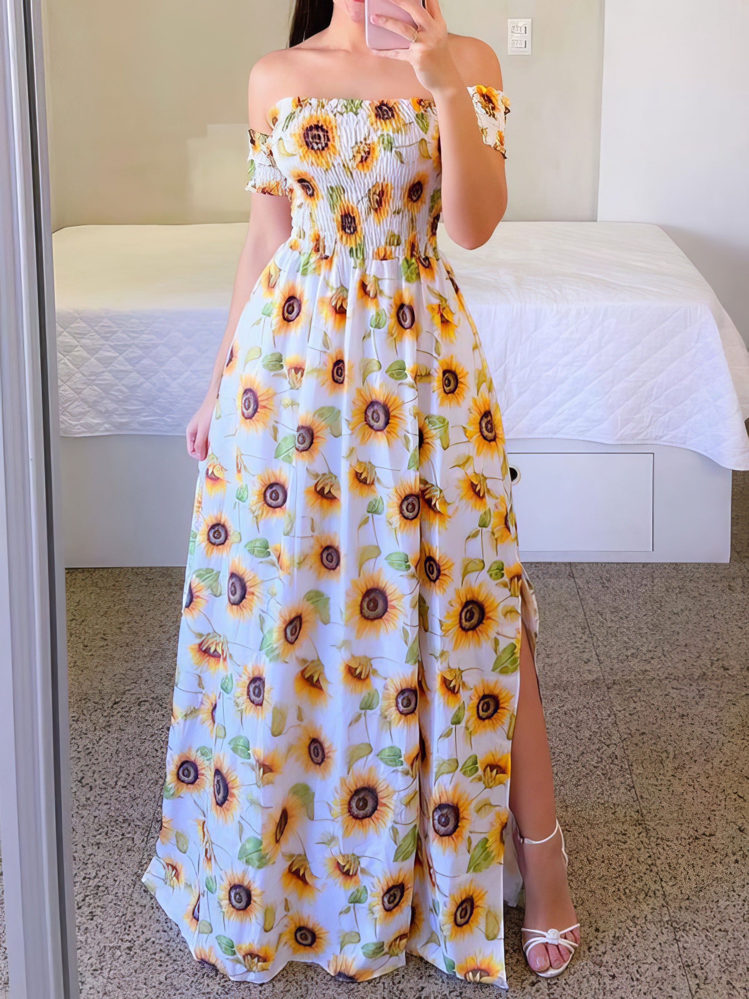 Strapless Printed Slit Maxi Dress