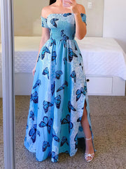 Strapless Printed Slit Maxi Dress