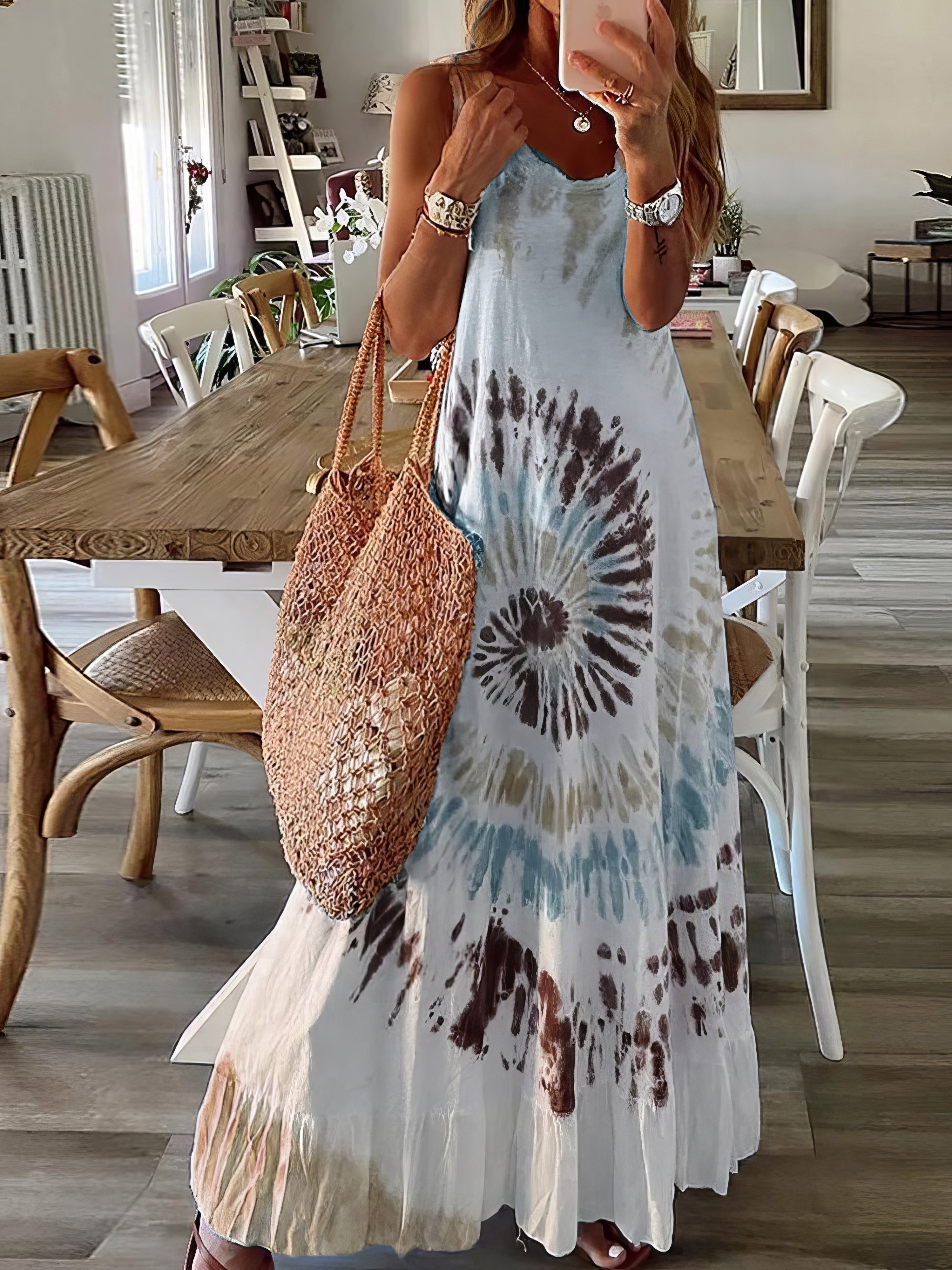 Tie Dye Print Sling Sleeveless Dress